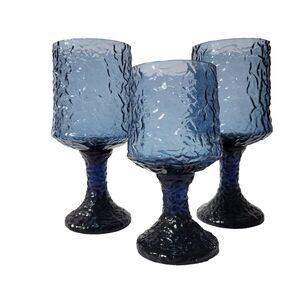 Lenox Impromptu Blue Water Glasses Goblets Crinkle Footed Set of  3